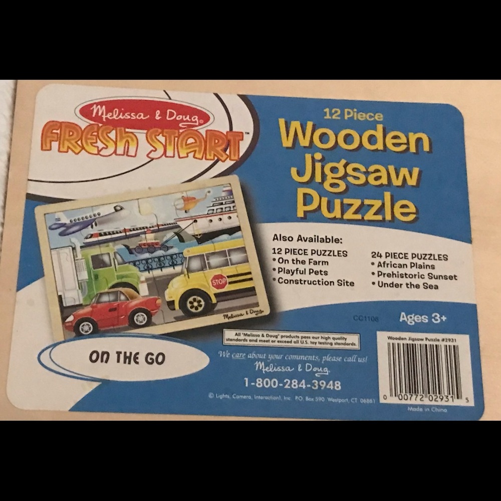 Melissa & Doug Car, Truck, Bus, Boat, Plane 12 piece wooden puzzle - Like New - Picture 2 of 5